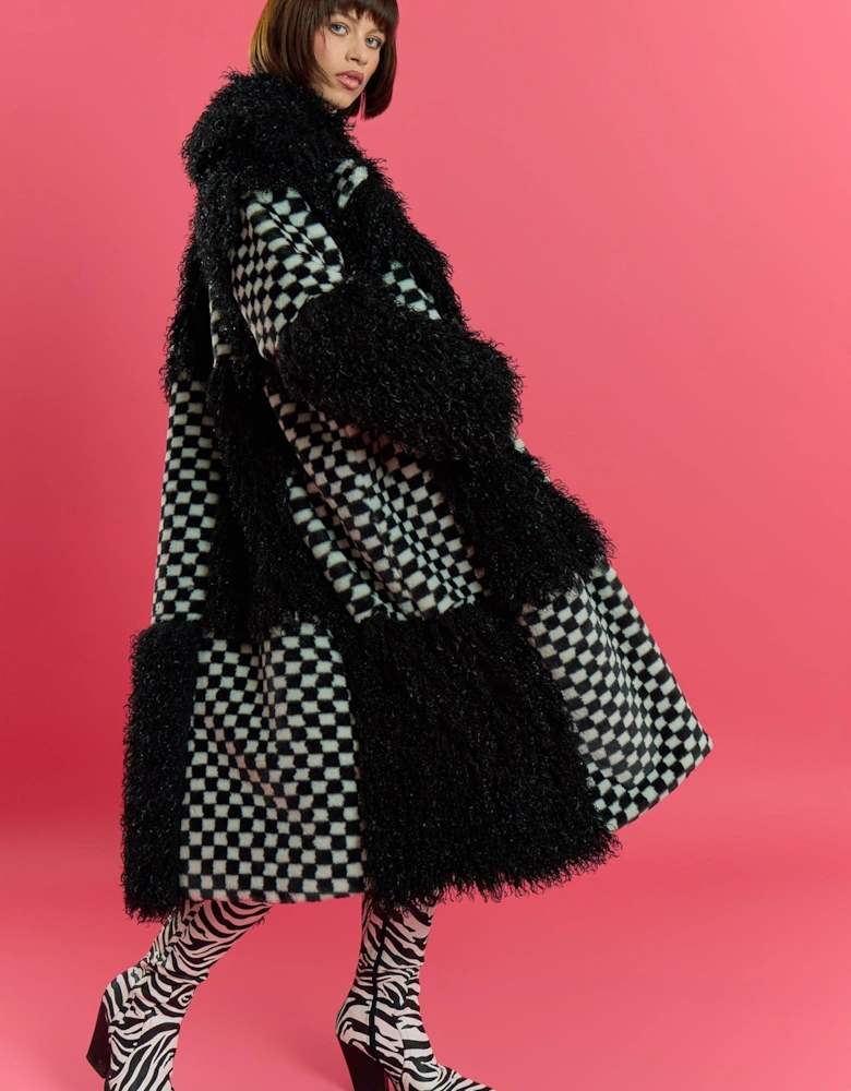 Faux Fur Bamboo Checked Maxi Coat