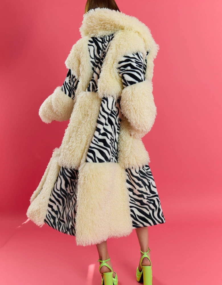 Zebra Print And White Faux Fur Bamboo Checked Maxi Coat