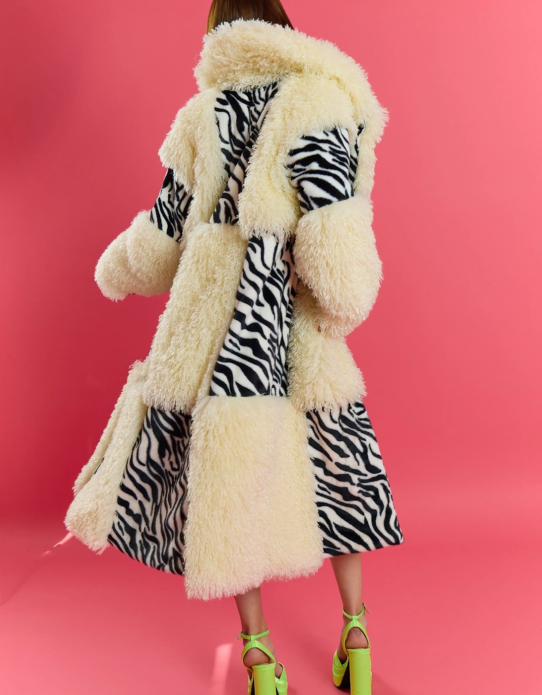 Zebra Print And White Faux Fur Bamboo Checked Maxi Coat