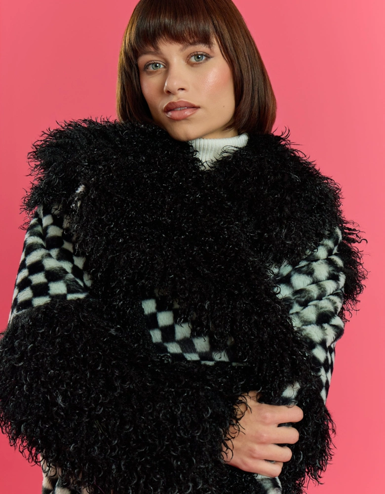 Faux Fur Bamboo Checked Maxi Coat