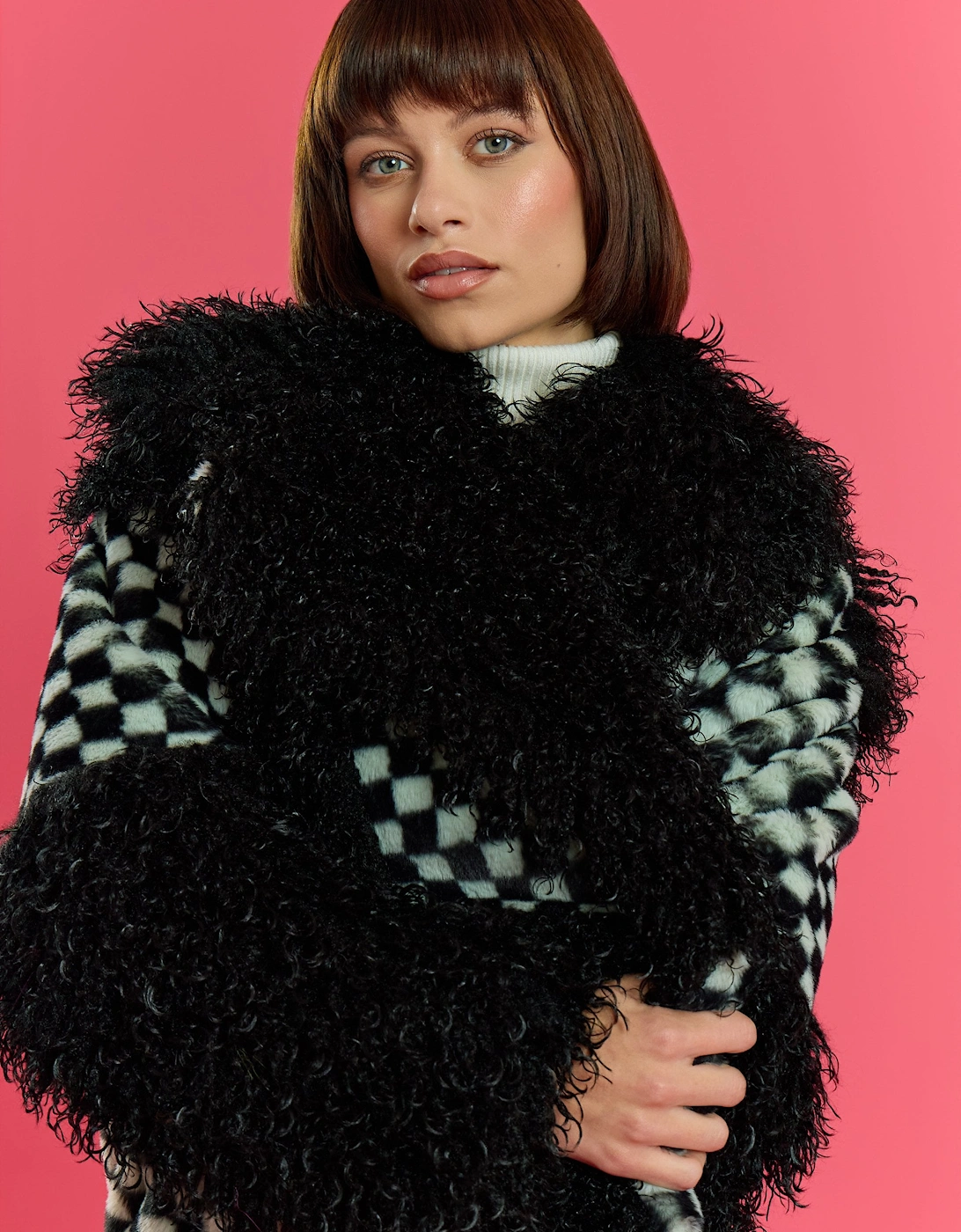 Faux Fur Bamboo Checked Maxi Coat