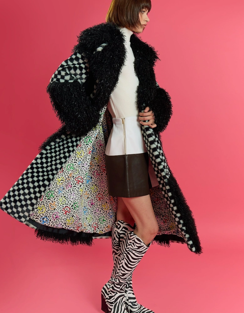 Faux Fur Bamboo Checked Maxi Coat