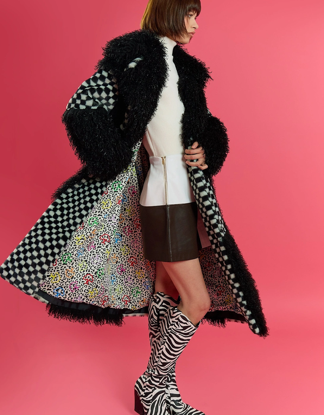 Faux Fur Bamboo Checked Maxi Coat
