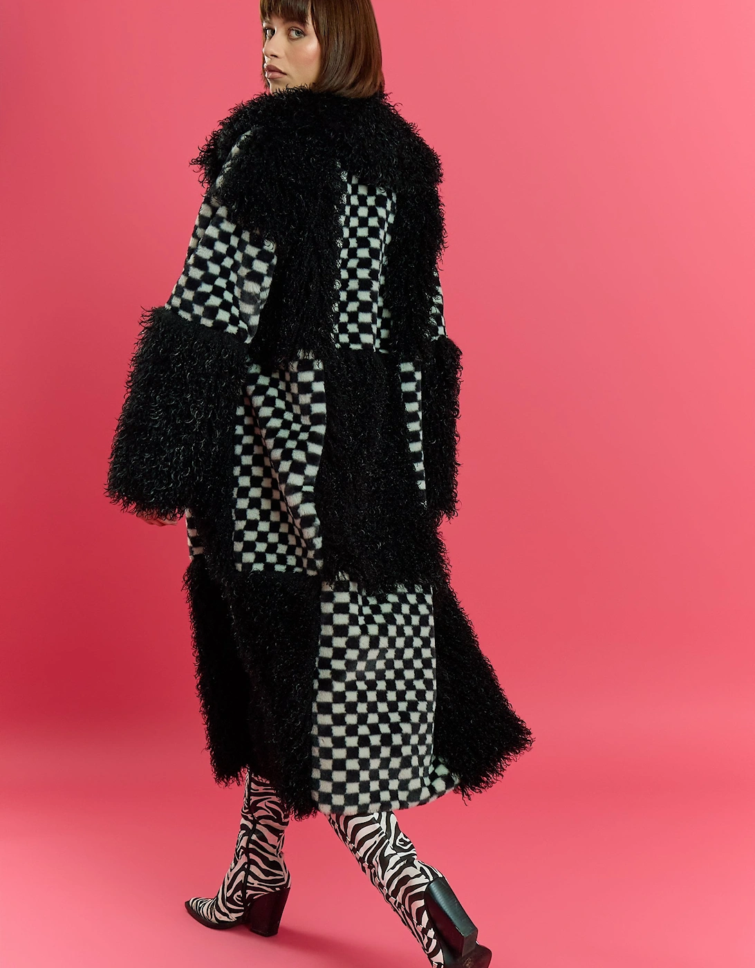Faux Fur Bamboo Checked Maxi Coat