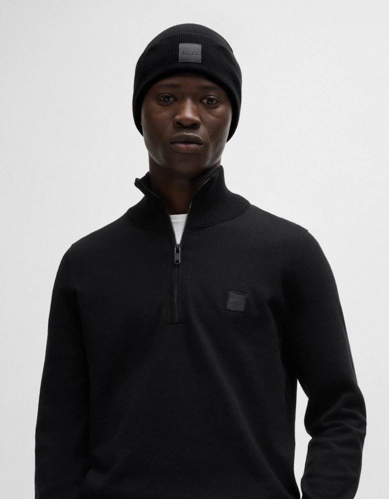 BOSS Orange Fantastico R Mens Beanie Hat in Knitted Cotton with Logo Label  - Black 001