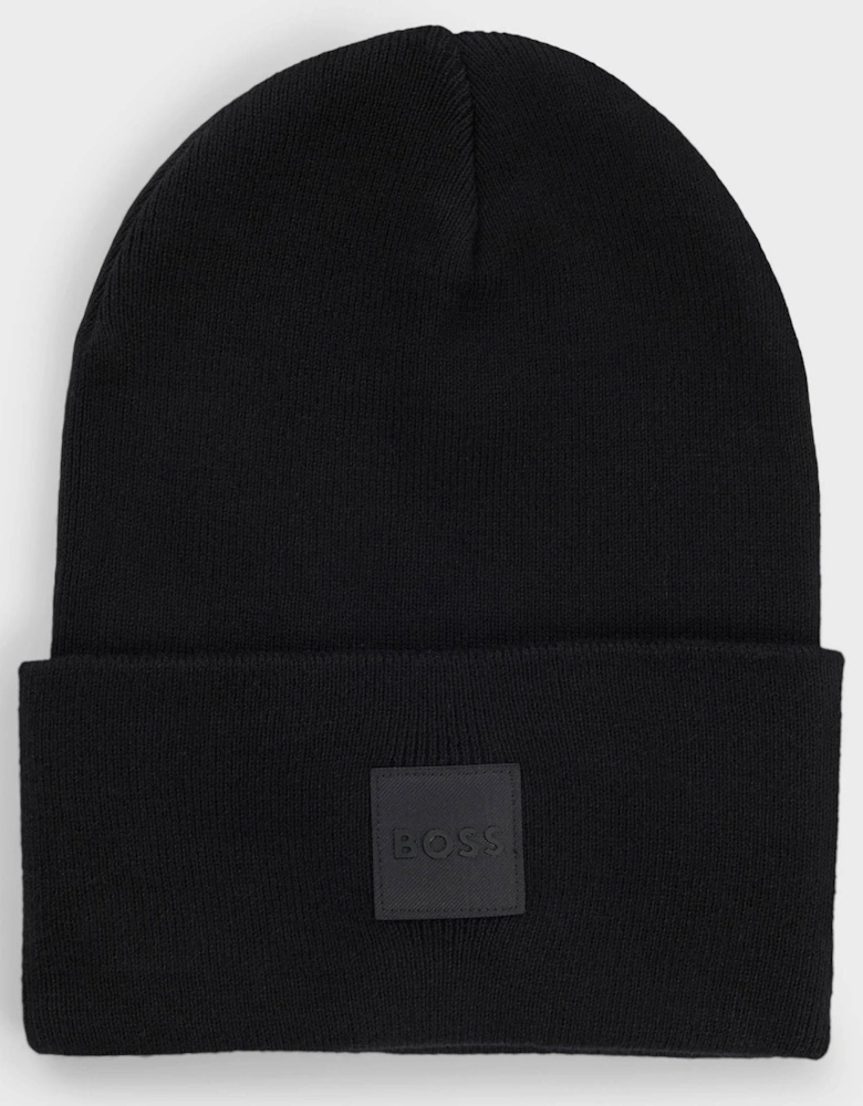BOSS Orange Fantastico R Mens Beanie Hat in Knitted Cotton with Logo Label  - Black 001