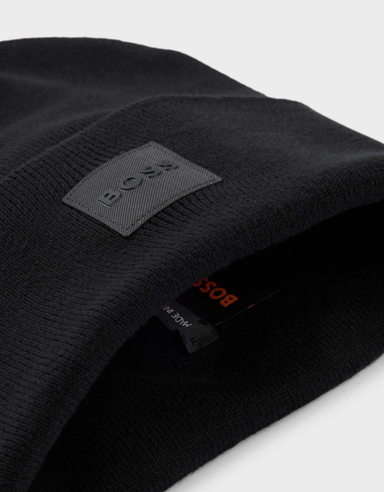 BOSS Orange Fantastico R Mens Beanie Hat in Knitted Cotton with Logo Label  - Black 001