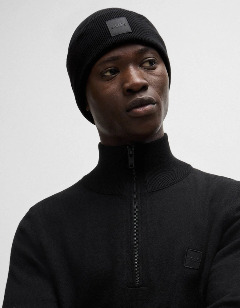 BOSS Orange Fantastico R Mens Beanie Hat in Knitted Cotton with Logo Label  - Black 001