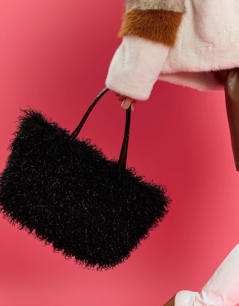Black Handmade Bamboo Faux Shearling Large Bag