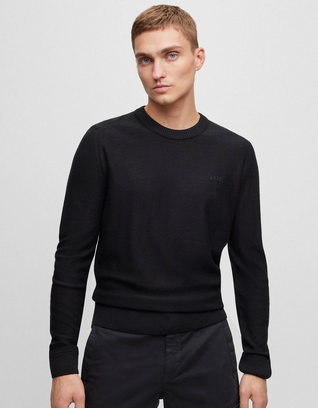 BOSS Orange Avac C Mens Wool Blend Regular Fit Sweater with Embroidered Logo  - Black 001, 4 of 3