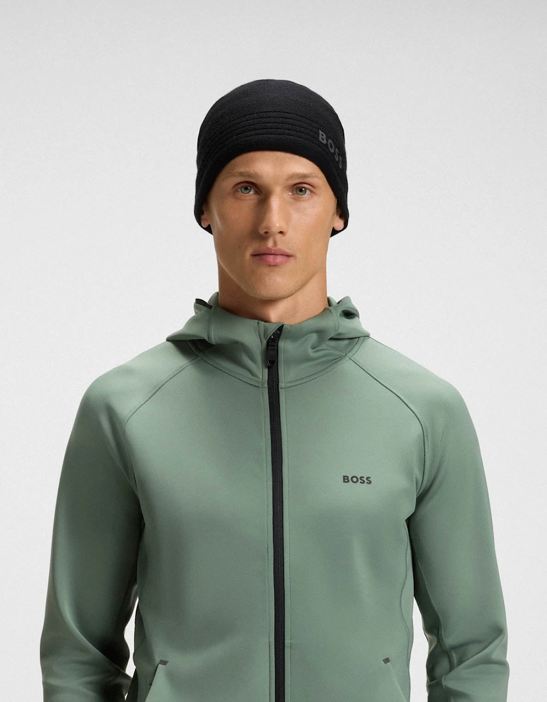 BOSS Green Afleece X Mens Wool-Blend Beanie Hat with Rubber-Print Logo  - Black 001