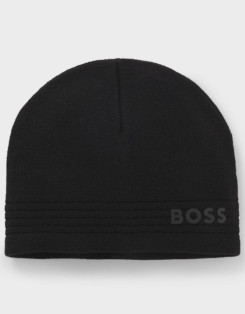 BOSS Green Afleece X Mens Wool-Blend Beanie Hat with Rubber-Print Logo  - Black 001
