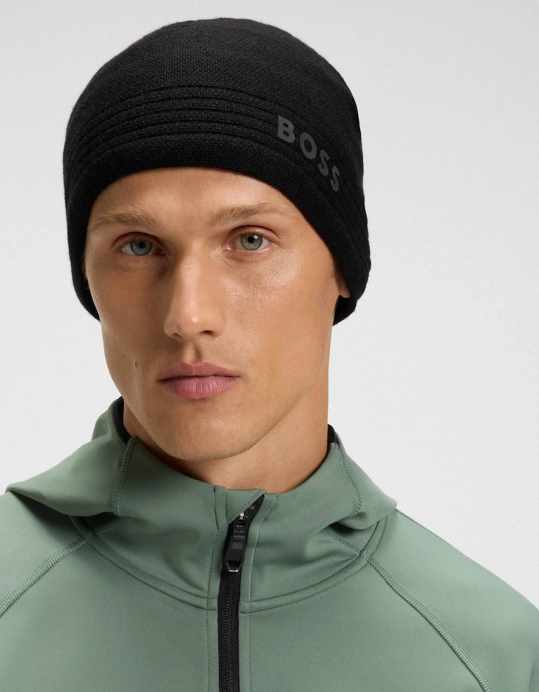 BOSS Green Afleece X Mens Wool-Blend Beanie Hat with Rubber-Print Logo  - Black 001