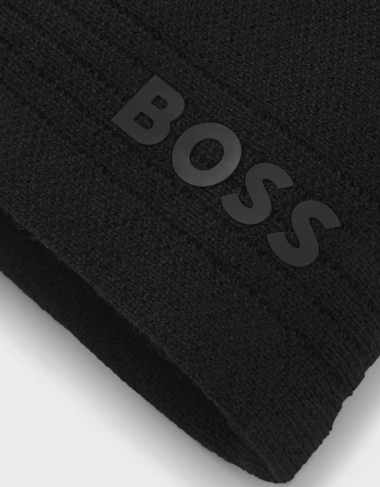 BOSS Green Afleece X Mens Wool-Blend Beanie Hat with Rubber-Print Logo  - Black 001