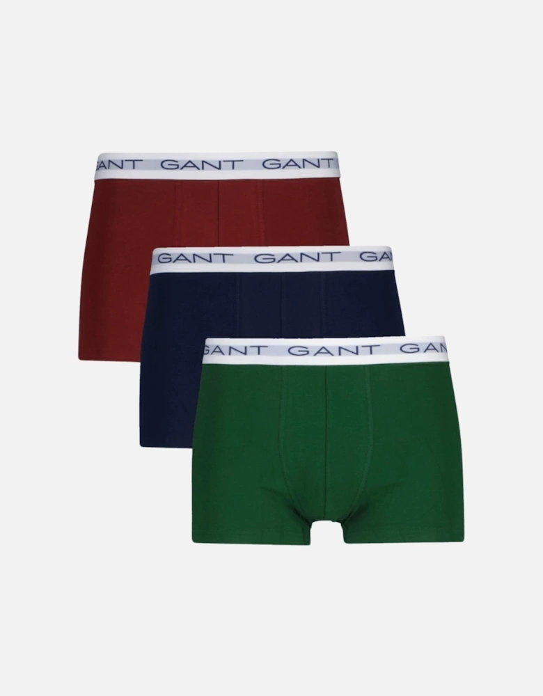 3-Pack White Waistband Boxer Trunks, Navy/Green/Burgundy