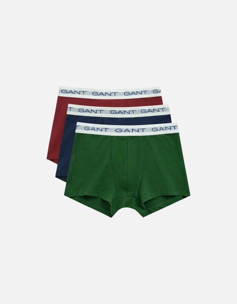 3-Pack White Waistband Boxer Trunks, Navy/Green/Burgundy