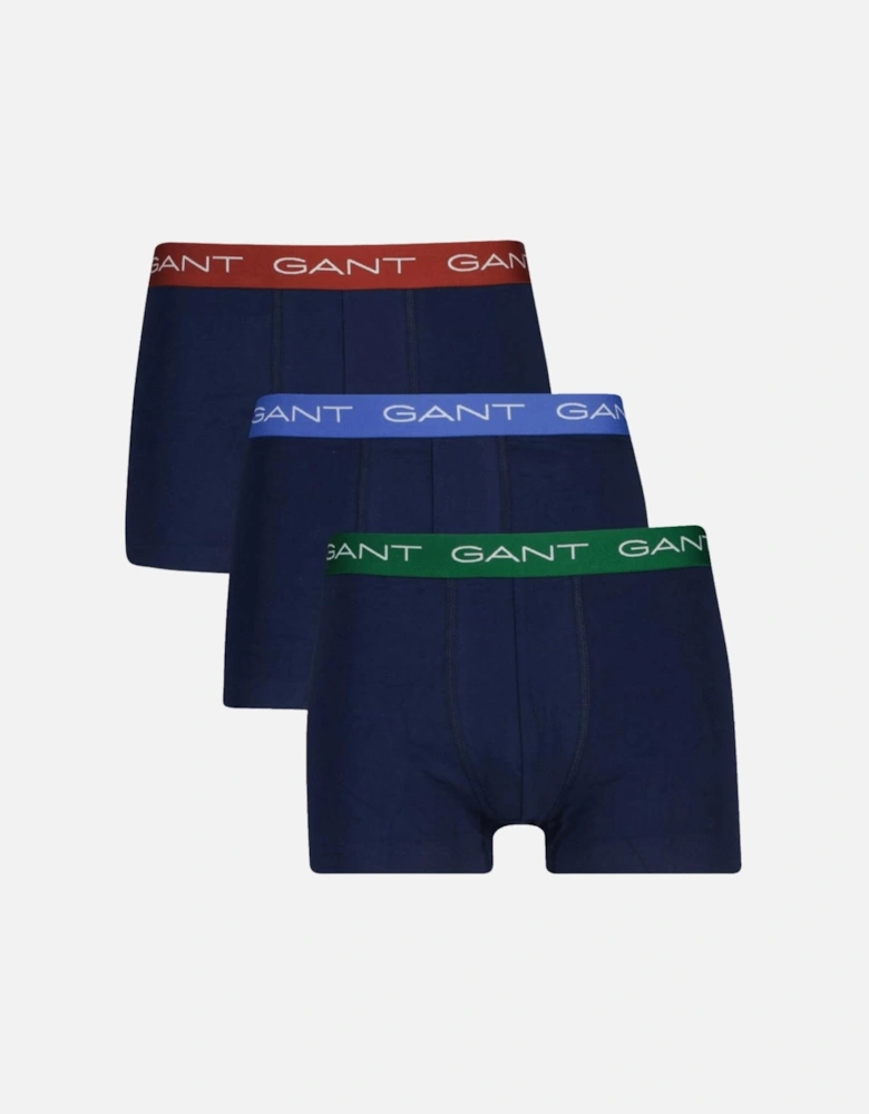 3-Pack Contrast Waistband Boxer Trunks, Navy w/ blue/green/burgundy