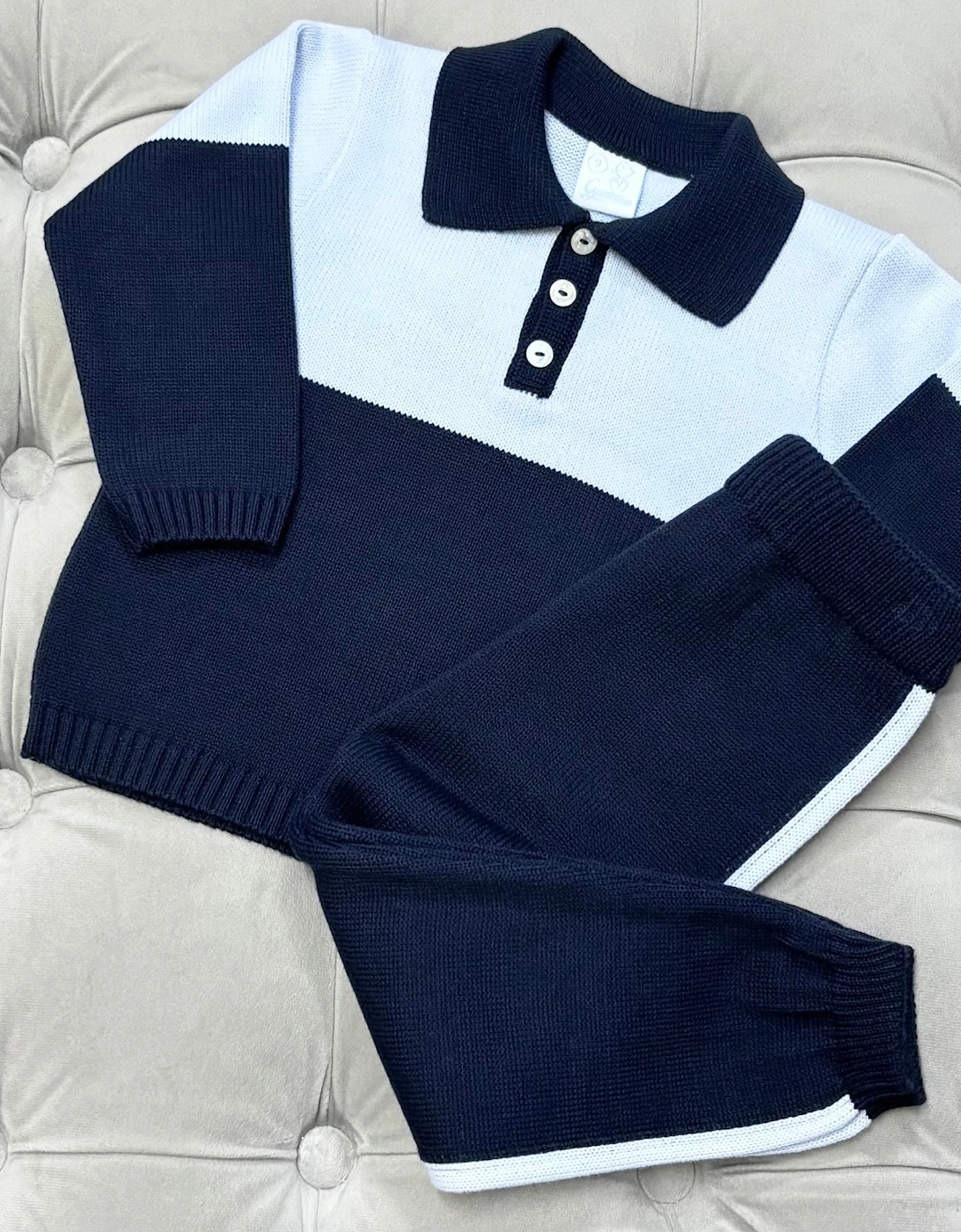 Boys Navy Knit Polo Tracksuit, 4 of 3