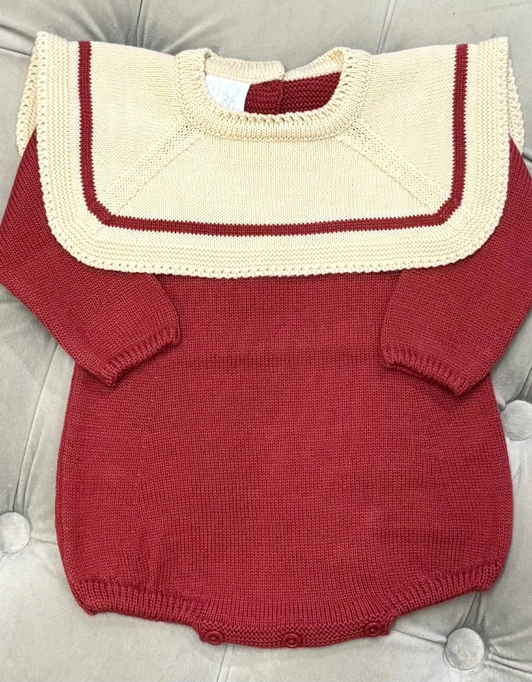 Boys Red Knit Collared Romper, 6 of 5