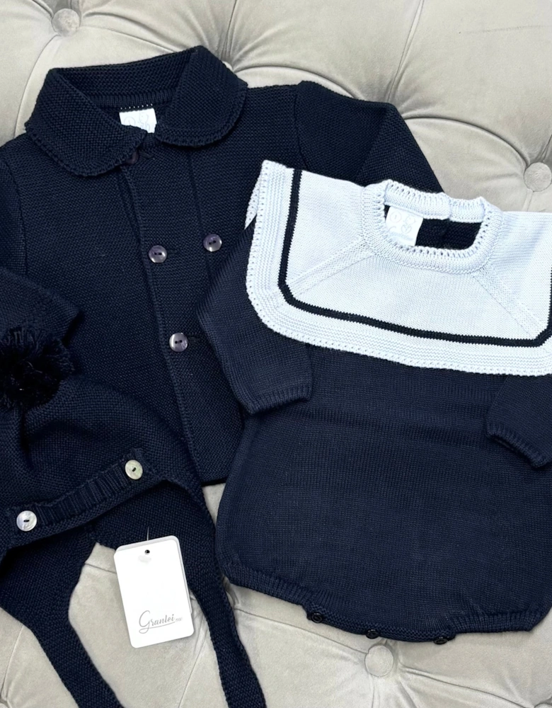 Boys Navy Knit Collared Romper