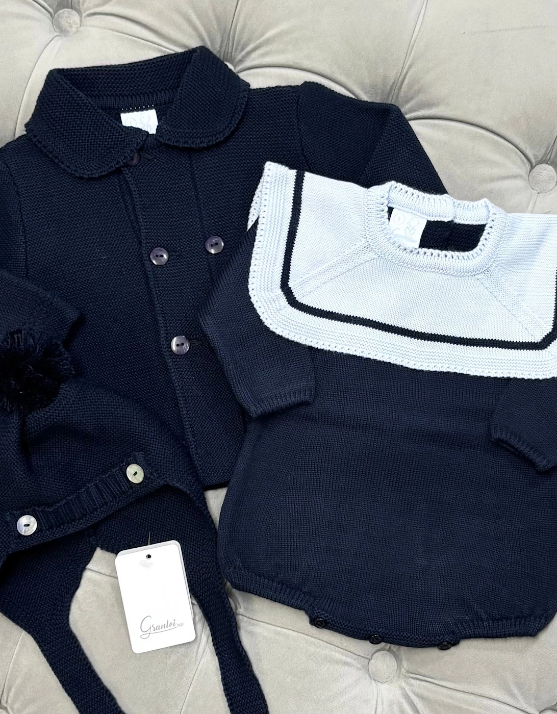 Boys Navy Knit Collared Romper