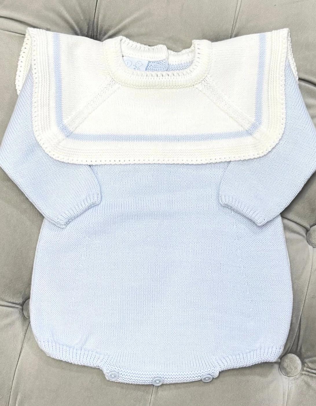 Boys Pale Blue Knit Collared Romper, 5 of 4