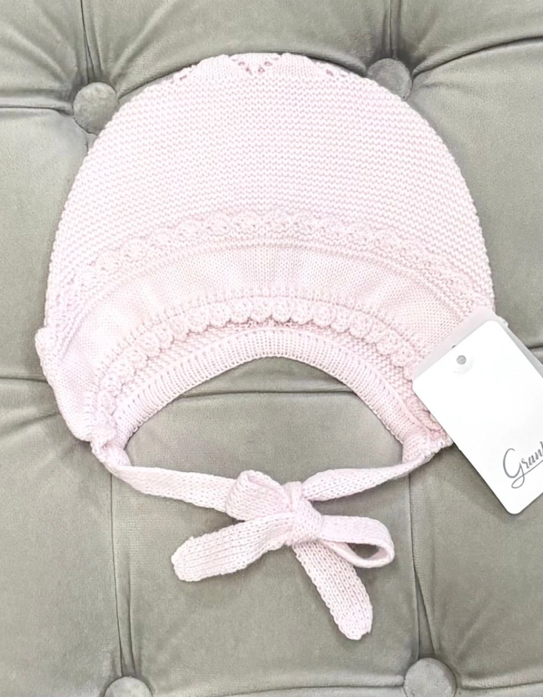 Girls Pale Pink Knit Tie Bonnet