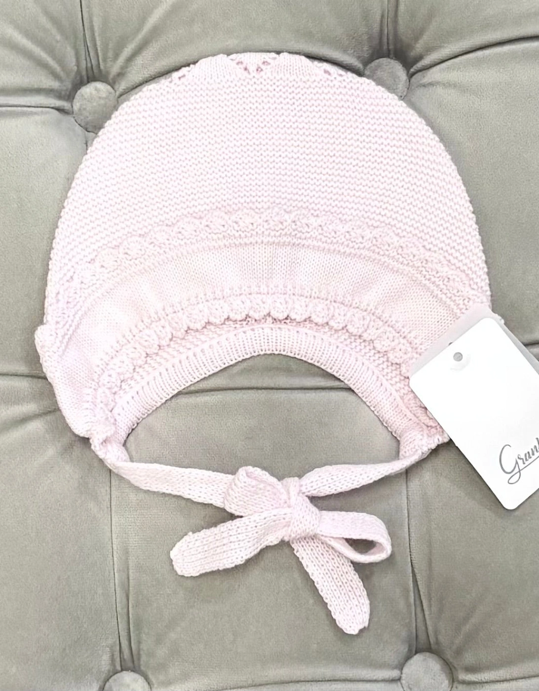Girls Pale Pink Knit Tie Bonnet, 3 of 2