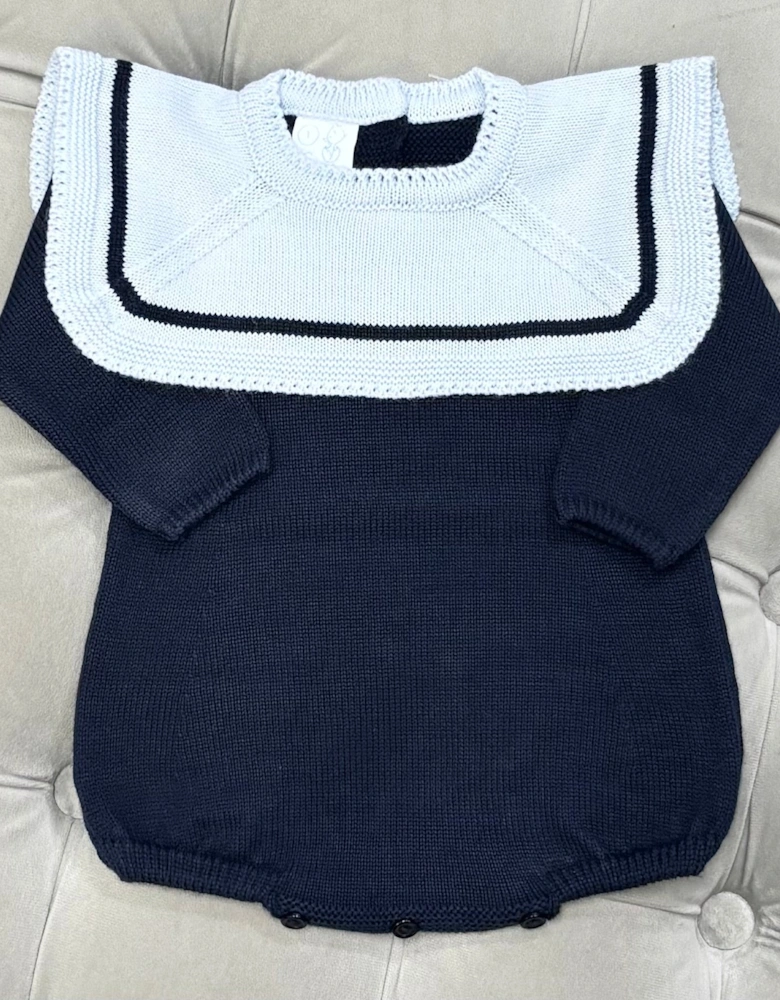 Boys Navy Knit Collared Romper