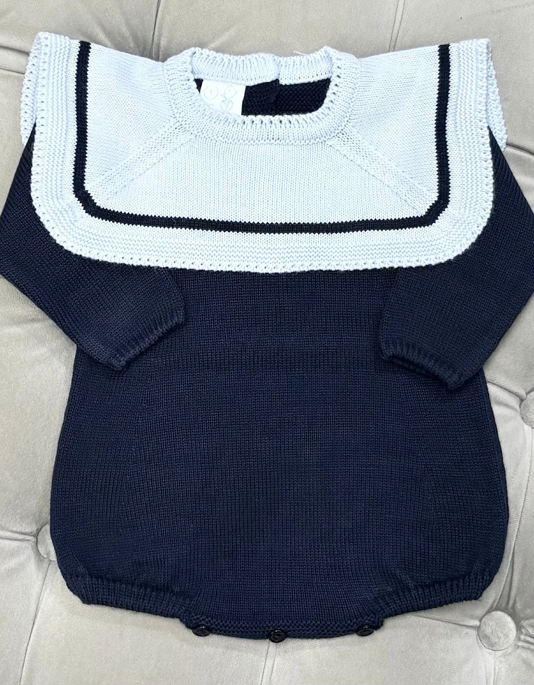 Boys Navy Knit Collared Romper, 5 of 4