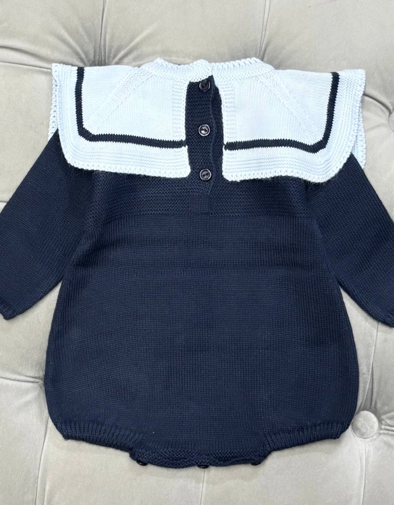 Boys Navy Knit Collared Romper
