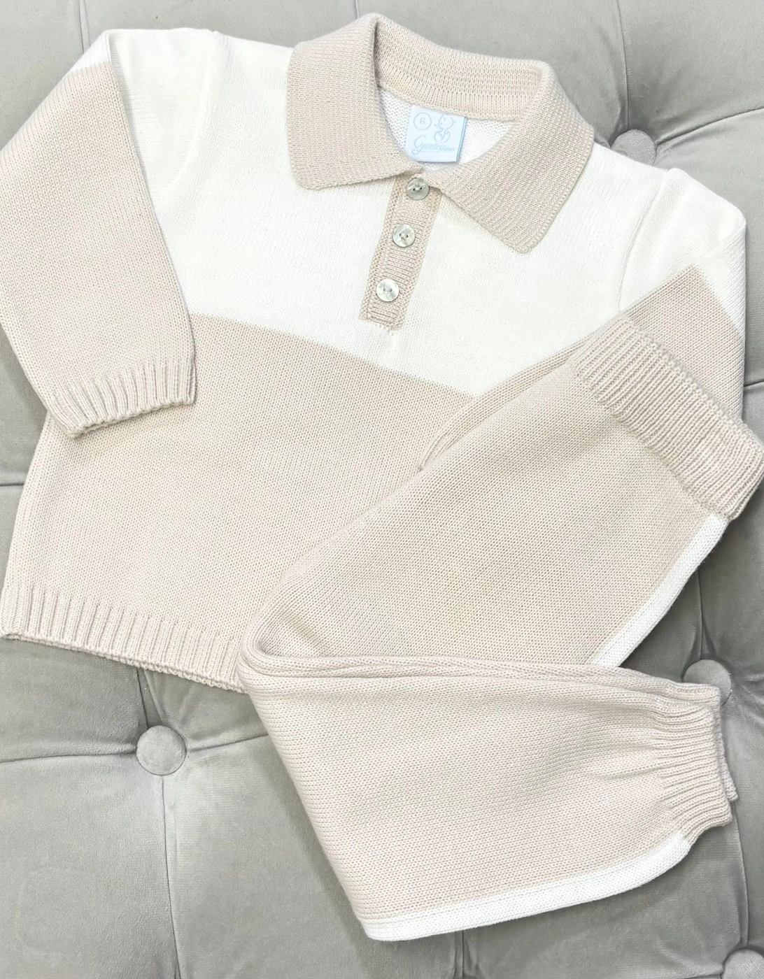 Boys Sand Knit Polo Tracksuit, 4 of 3