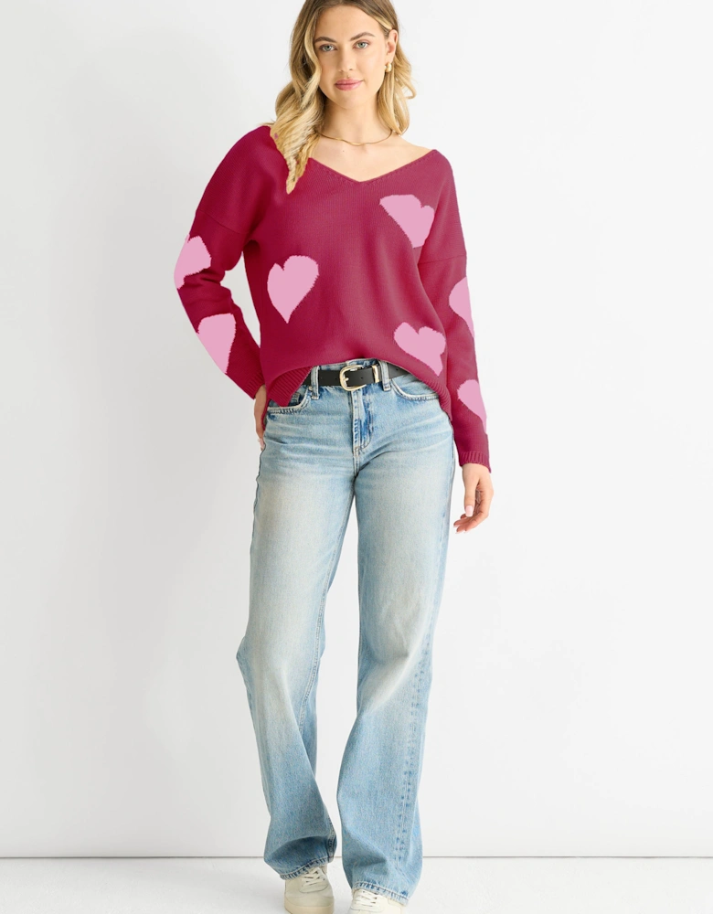 Red V Neck Oversized Heart Knit Jumper