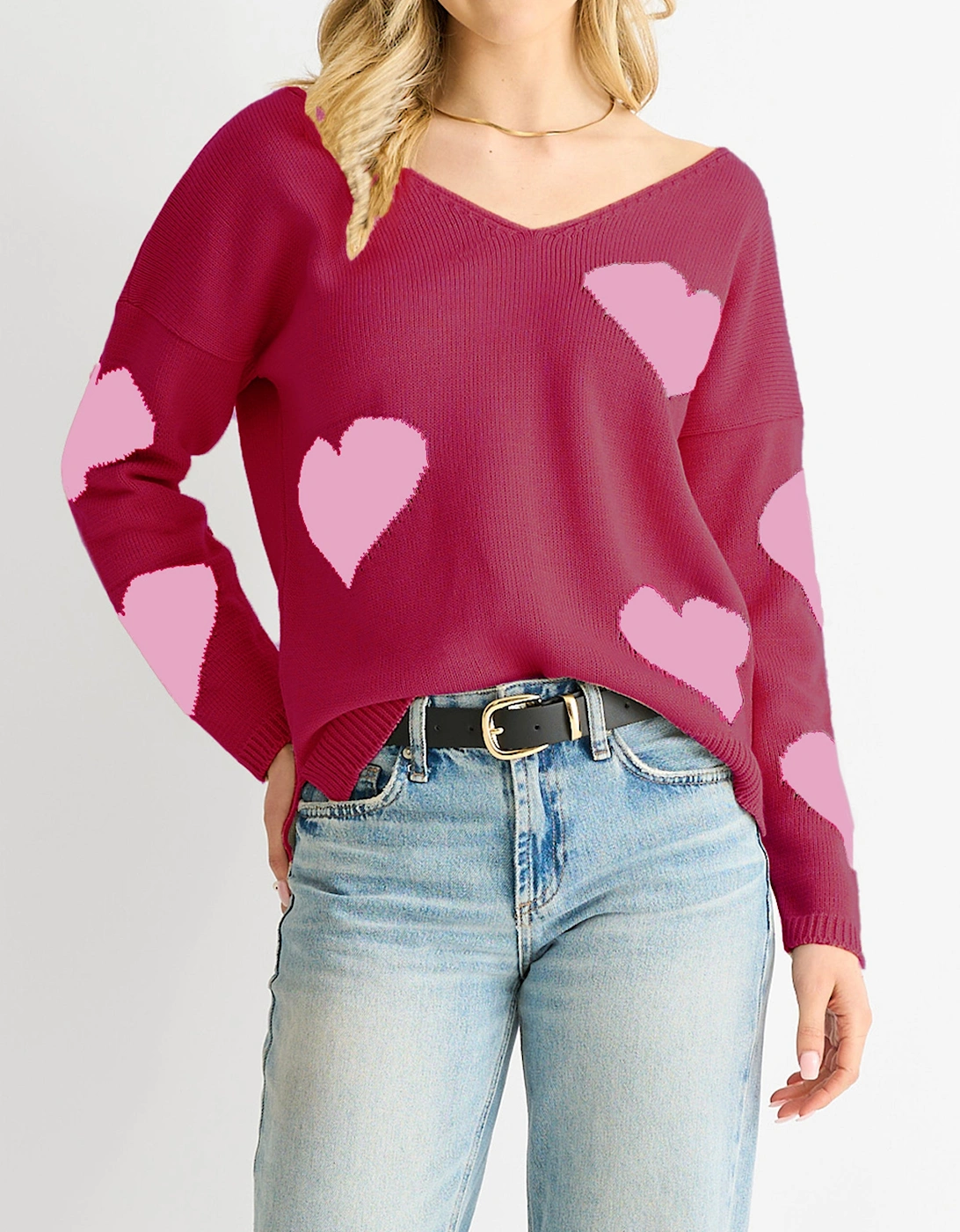 Red V Neck Oversized Heart Knit Jumper