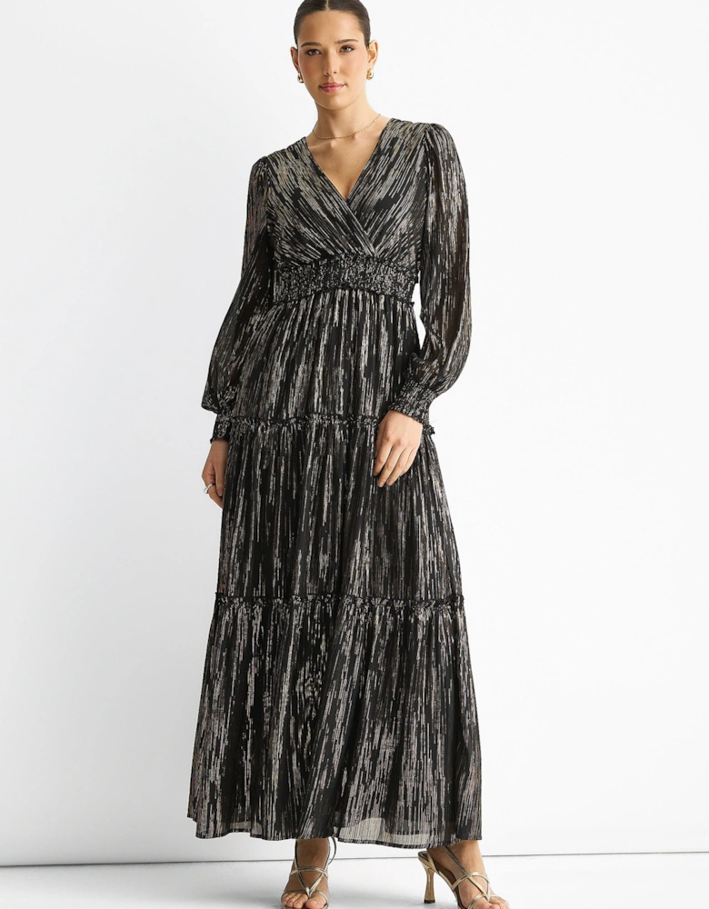 Black Lurex Chiffon Occassion Tiered Maxi Dress