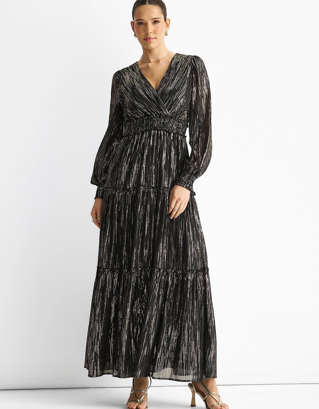 Black Lurex Chiffon Occassion Tiered Maxi Dress, 5 of 4