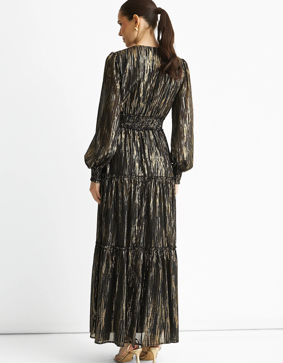 Black Lurex Chiffon Occassion Tiered Maxi Dress
