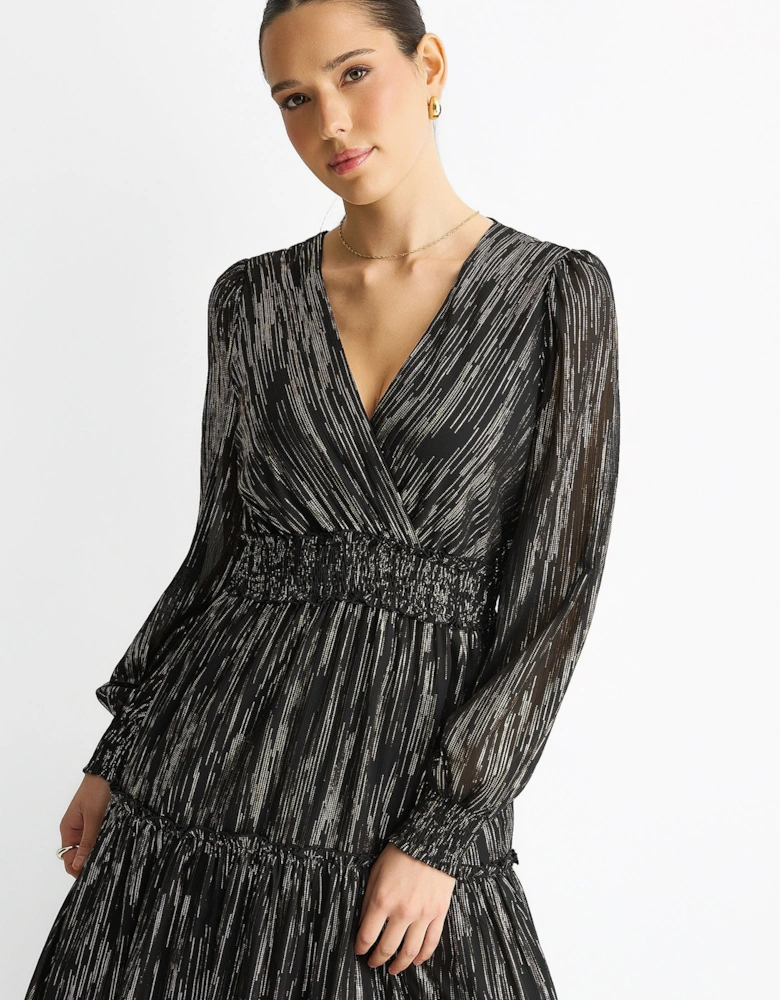Black Lurex Chiffon Occassion Tiered Maxi Dress