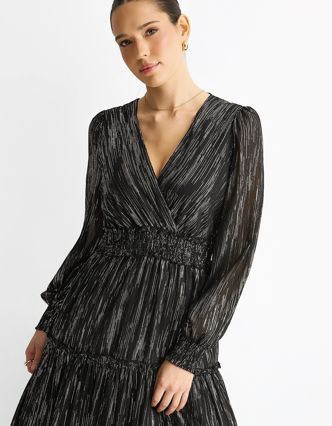 Black Lurex Chiffon Occassion Tiered Maxi Dress