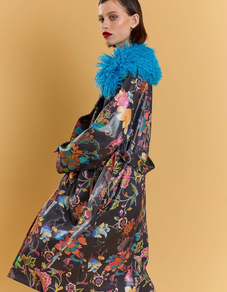 Black Faux Suede Embroidery Effect Trench Coat
