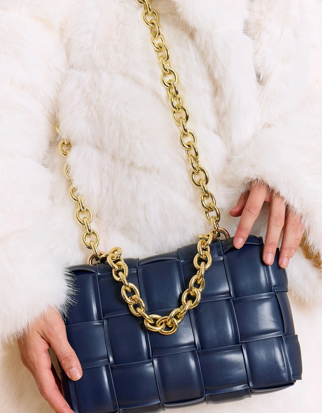 Navy Eco Leather Cross Woven Clutch Bag with Gold Chain, 3 of 2