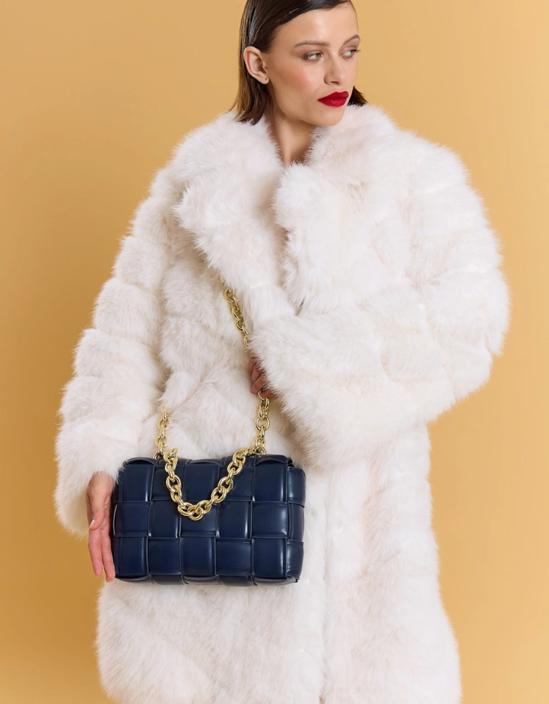 Navy Eco Leather Cross Woven Clutch Bag with Gold Chain