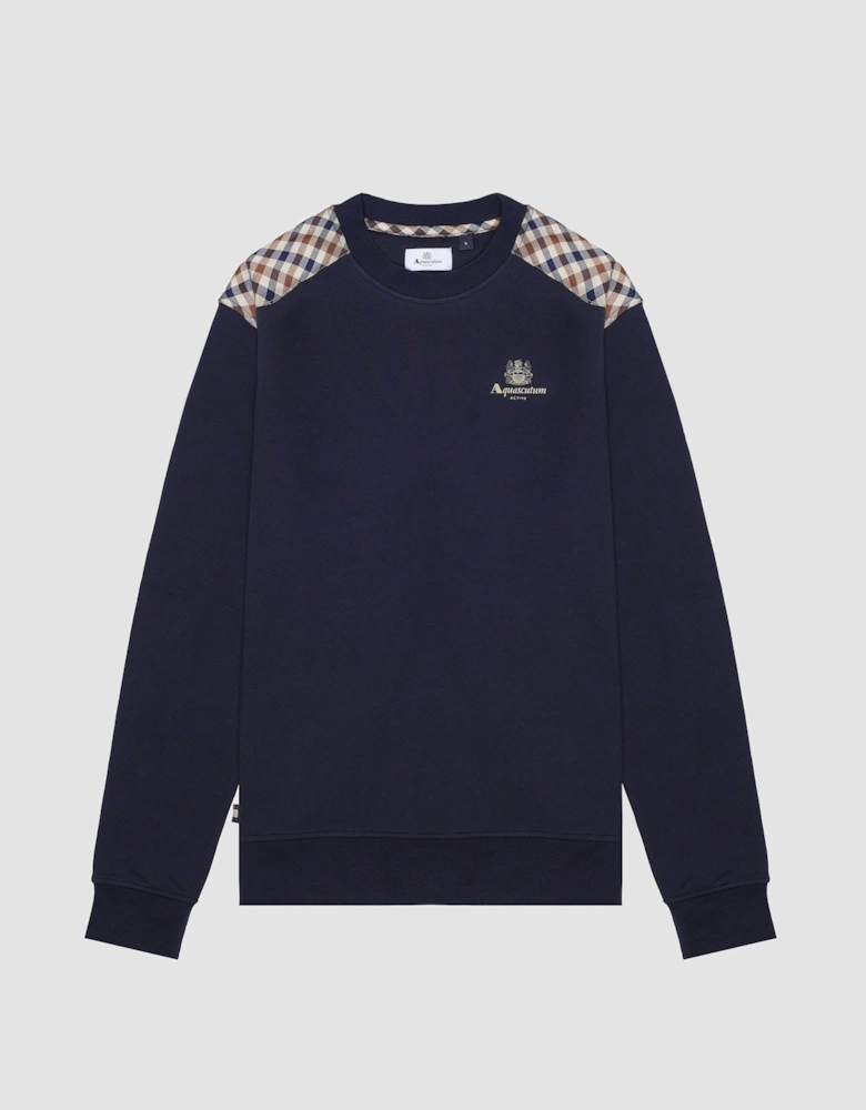 Mens Club Check Shoulder Crew Neck Fleece Sweatshirt - Navy 11