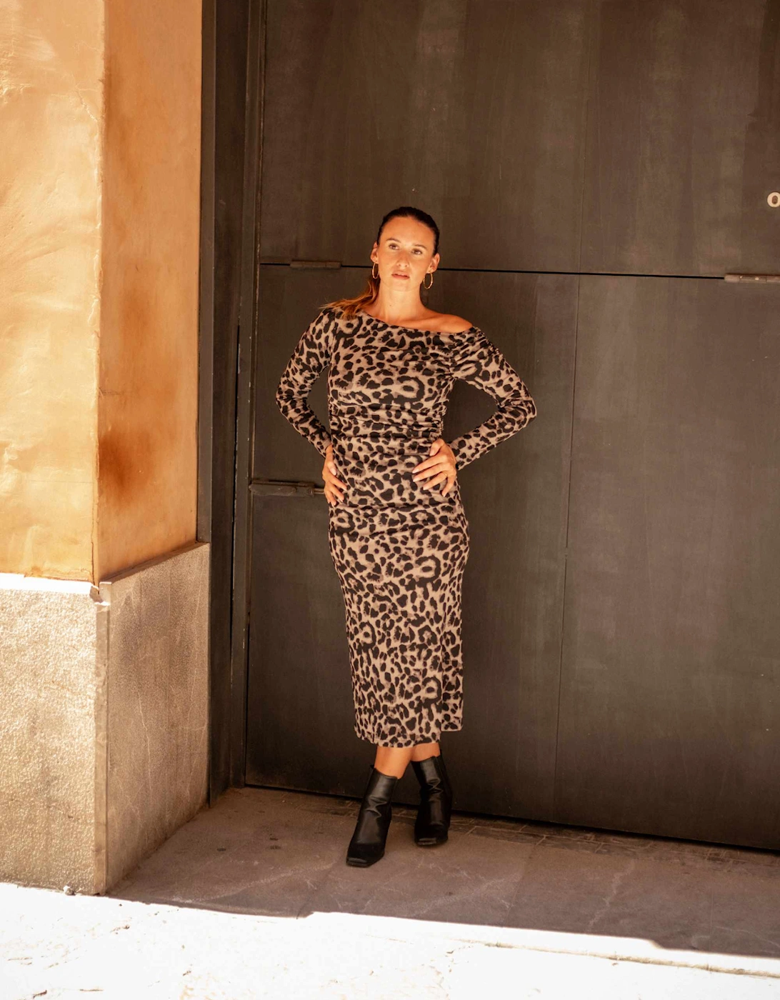 Grey Animal Jersey Animal One Shoulder Midi Dress