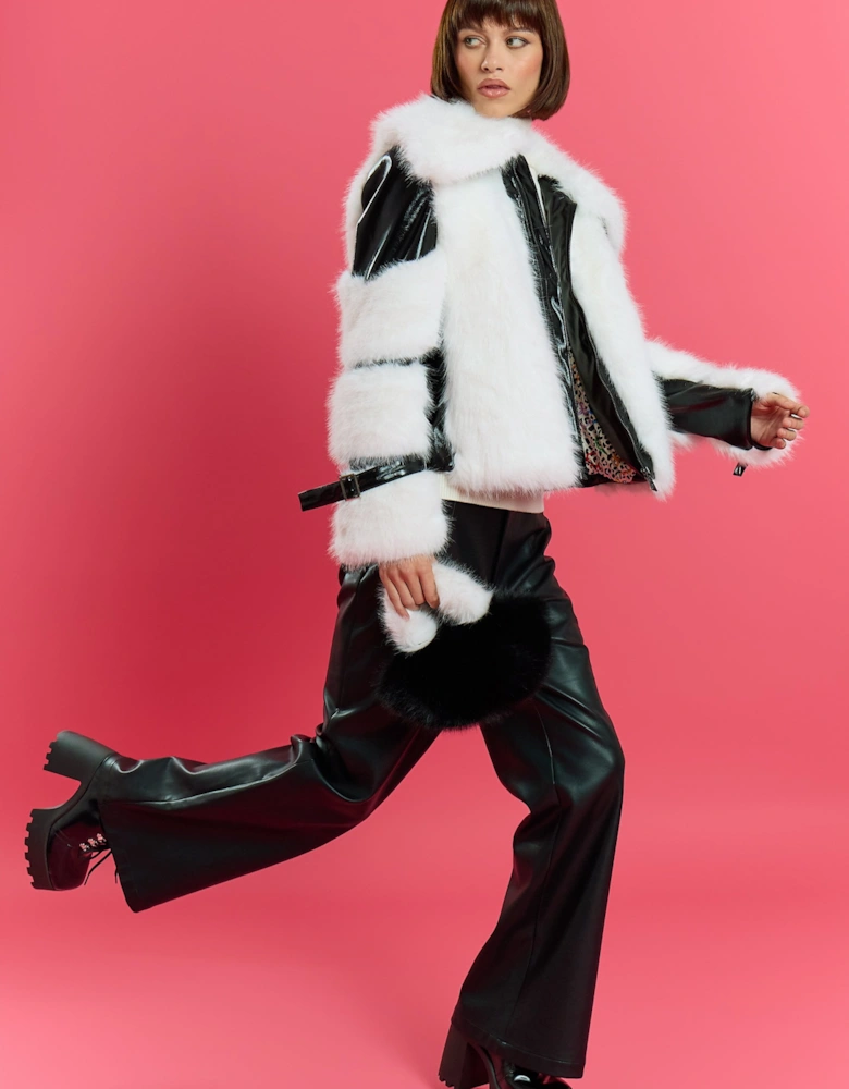 Black and White Handmade Bamboo Faux Fur Coat