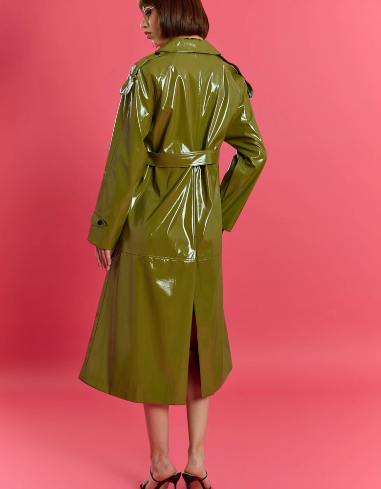 Green Maxi Eco Leather Trench Coat