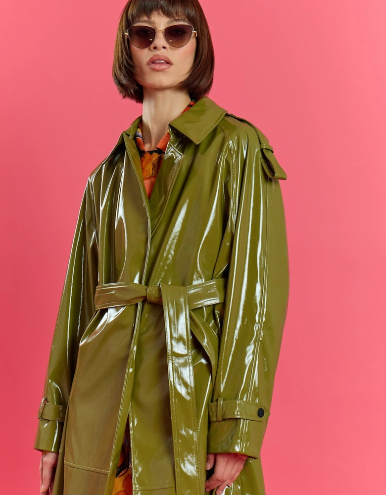 Green Maxi Eco Leather Trench Coat