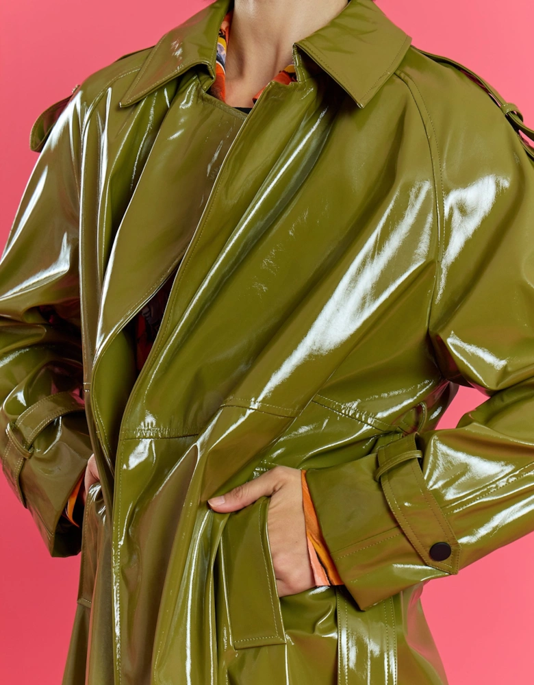 Green Maxi Eco Leather Trench Coat