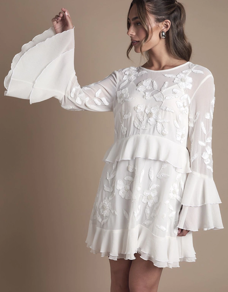Sequin Long Sleeve Ruffle Mini Wedding Dress