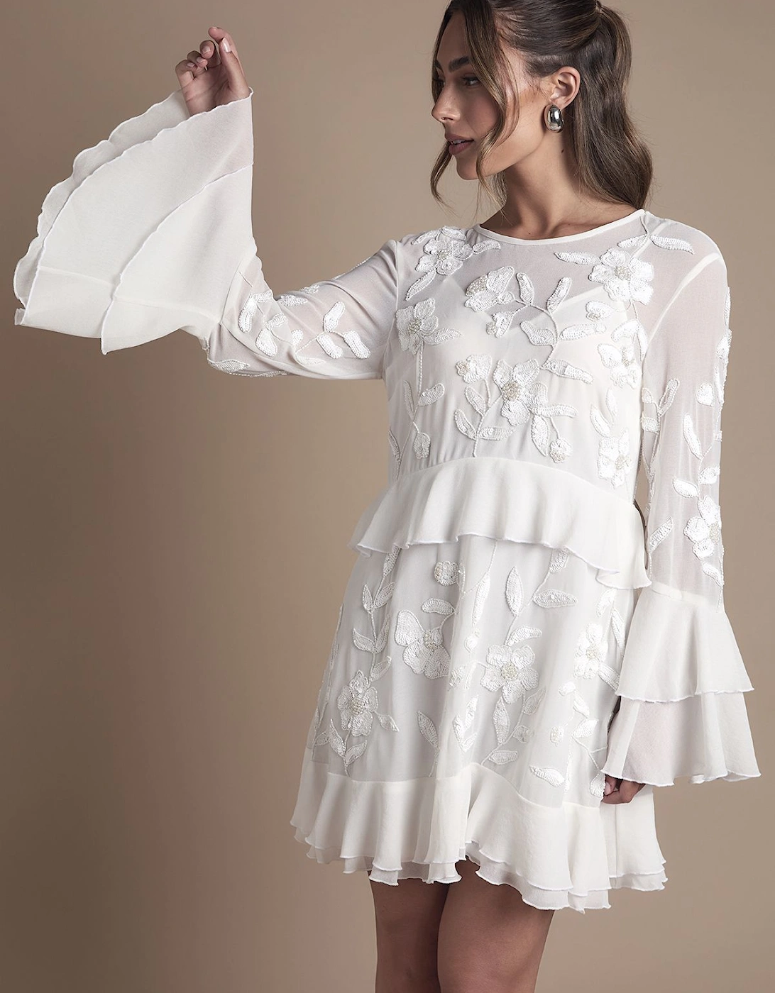 Sequin Long Sleeve Ruffle Mini Wedding Dress, 2 of 1